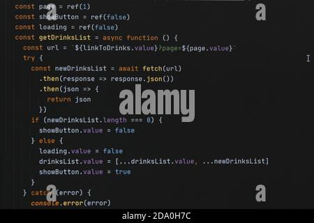 The program javascript code on the computer black screen. The concept of website, internet, cyber security, hacking and software. Stock Photo