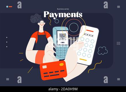 Business topics - payment, web template, header. Flat style modern outlined vector concept illustration. A waitress holding a pos-terminal. A customer Stock Vector