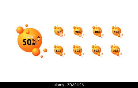 Discount last minute offer tag, 50, 20, 10, 40, 30, 60, 70, 80, 90 percent. Set sale off time emblem. Last minute discount. Vector on isolated white Stock Vector