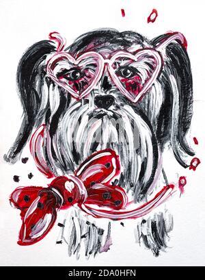 Portrait of mini schnauzer in watercolor. Hand drawn dog with pink heart shaped glasses and a bow on the collar Stock Photo