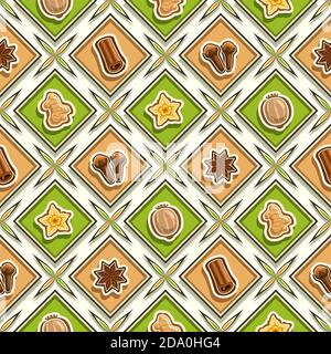 Vector Spice Seamless Pattern, square repeating spice background, isolated illustrations of exotic spices on white background, diamond seamless patter Stock Vector