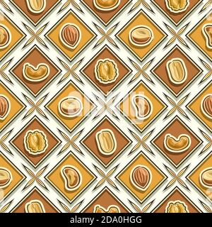 Vector Nut Seamless Pattern, square repeating nut background, isolated illustrations of exotic nuts on white background, diamond seamless pattern with Stock Vector