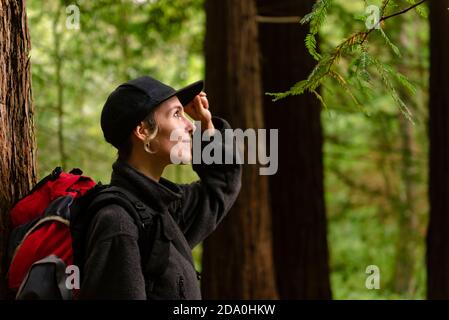 Handsome young bearded male in eyeglasses wearing trendy warm coat and hat looking away thoughtfully while standing against blurred trees in autumn da Stock Photo