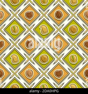 Vector Nut Seamless Pattern, square repeating nut background, isolated illustrations of exotic nuts on white background, diamond seamless pattern with Stock Vector