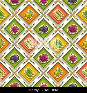 Vector Vegetable Seamless Pattern, square repeating background, isolated illustrations of summer vegetables on white background, diamond seamless patt Stock Vector