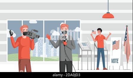 Television reporter cover news about American elections vector flat illustration. Happy smiling man standing near voting stand, holding flag of the USA, cameraman holding movie camera. Stock Vector