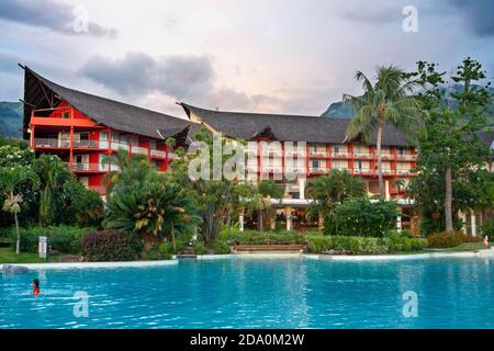 Sunset in Le Meridien Hotel on the island of Tahiti, French Polynesia, Tahiti Nui, Society Islands, French Polynesia, South Pacific. Stock Photo