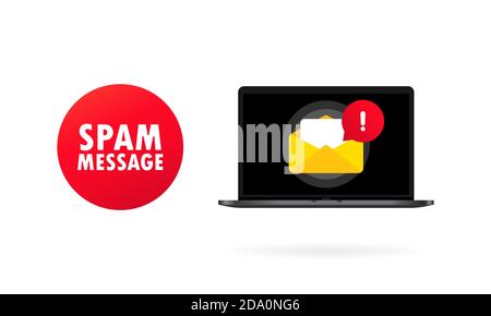 Spam email warning window on laptop screen. Concept of virus, piracy, hacking and security. Envelope with spam. Website banner of e-mail protection Stock Vector