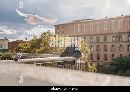 Modern trendy male resting on terrace with pigeons flying and looking at camera in bright back lit Stock Photo