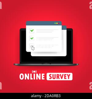 Online survey illustration. Check list online form on laptop. Report on website or web internet survey, exam checklist. Browser window with check Stock Vector