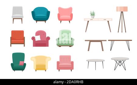 Chairs and tables vector illustration set. Cartoon flat design of furniture, modern cozy armchair in different color, furnished living room interior Stock Vector
