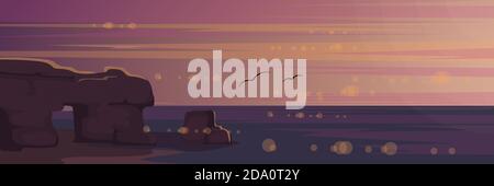 Vector illustration of sunset in evening time. Rocky seacoast sunrise on beach, seaview landscape in flat style. Stock Vector