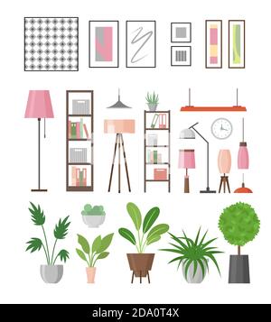 Vector illustration set of interior decor elements. Home plants in pots, lamps, shelves and pictures in frames for decor your living room or office Stock Vector