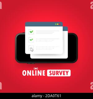 Online survey illustration. Check list online form on smart phone. Report on website or web internet survey. Browser window with check marks. Vector Stock Vector