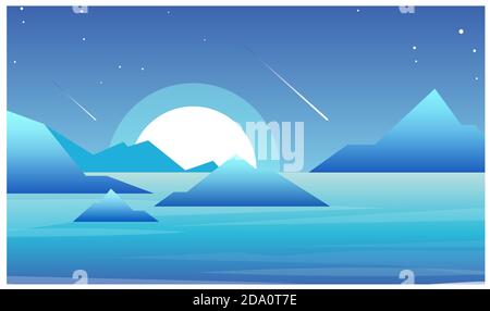 Vector illustration of night landscape with lake and mountains in futuristic style. Beautiful moon and night sky landscape. Stock Vector