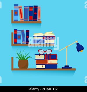 Set of bookshelves with stacks of books, glasses, houseplant and table lamp on blue background. Education or bookstore concept. Vector flat Stock Vector