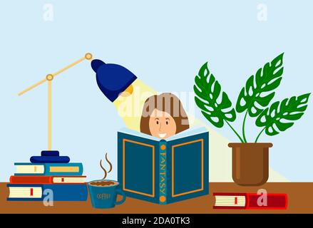 Woman is reading book, next to stack of books, house plant, cofee and table lamp. Knowledge, education, studying concept. Vector flat illustration. Stock Vector