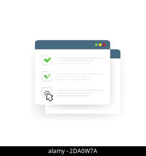 Check list online form. Report on website or web internet survey, exam checklist vector. Illustration browser window with check marks. Vector on Stock Vector