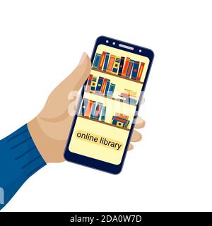 Phone in hand with online electronic library. Bookshelves with books on smartphone. Education concept. Vector flat illustration. Stock Vector
