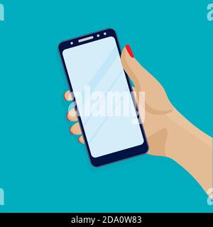 Hand holding mobile phone, video call, conversation. Communication concept on blue background. Social networking concept. Vector flat illustration. Stock Vector