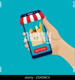 Shopping online organic products on website or mobile application. Paper bag with fresh healthy produce. Concept Marketing, vector flat illustration. Stock Vector