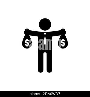 Businessman holding money bag in hands icon in black. Vector on isolated white background. EPS 10 Stock Vector