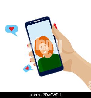 Hand holding mobile phone, video call, conversation. Woman face on the smartphone screen. Communication concept on white background. Social networking Stock Vector