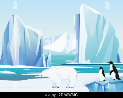 Vector illustration arctic landscape with polar bear and penguins, iceberg and mountains. Cold climate winter background. Stock Vector