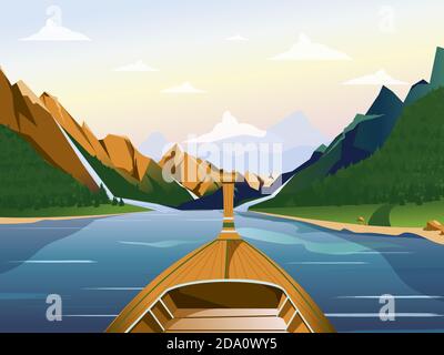 Boat on the lake in a mountainous region with forests vector illustration. Stock Vector