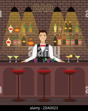 Bar, pub interior flat vector illustration with bottles, glasses, cocktails. Man bartender at the bar with wine, alcohole dreenks. Stock Vector