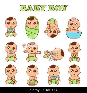 Baby boy set vector illustration. Cute boys in various poses and emotions in flat style. Stock Vector