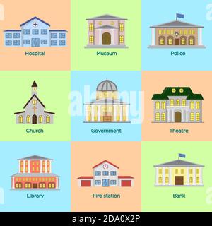 Vector illustration icons set of colorful public buildings in flat style. Stock Vector