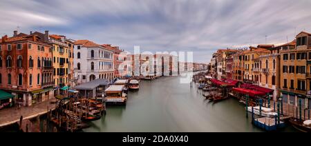 A Panoramic Image Of The Grand Canal Taken From The Rialto Bridge, Venice, The Veneto Region, Italy. Stock Photo