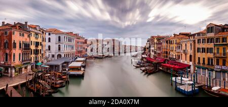 A Panoramic Image Of The Grand Canal Taken From The Rialto Bridge, Venice, The Veneto Region, Italy. Stock Photo