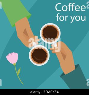 Vector illustration of hands holding cup of coffee. Coffee time, coffee break for couple concept in flat style. Stock Vector