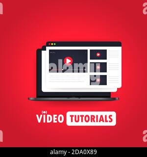 Video tutorials illustration. Watching streaming video, webinar, training online on laptop. Vector on isolated background. EPS 10 Stock Vector
