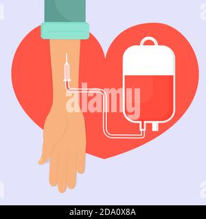 Hand with a blood donation bag and tube on the heart background. Stock Vector