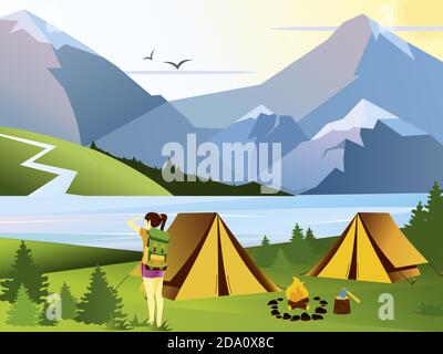 Vector flat illustration camping girl traveler. Nature background with grass, forest, mountains and hills. Outdoor activities. Tent and fire camp. Stock Vector
