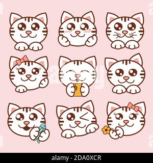 Vector illustration cute cats icons set. Sweet kittens stickers in flat style. Stock Vector