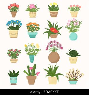 Colorful vector illustration set of flowers and plants, succulent in vases in cartoon flat style. Stock Vector