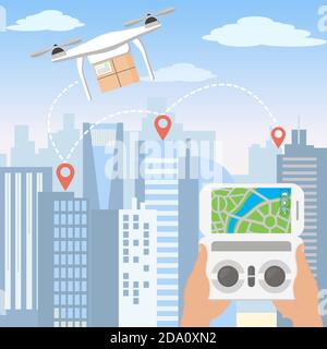Vector illustration of hands launching delivery drone with package by smartphone in front of the skyline of a big modern city with skyscrapers in flat Stock Vector