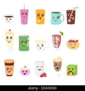 Vector illustration set of cute drinks in flat cartoon style. Cup of tea, hot chocolate, latte, coffee, smoothie, juice, milk shake, lemonade. Stock Vector