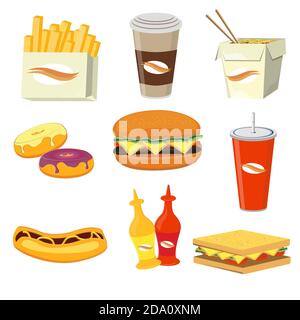 Fast food meals and drinks flat icons vector illustration. Stock Vector
