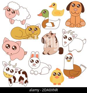 Vector illustration of cute farm animals set in cartoon flat style. Stock Vector