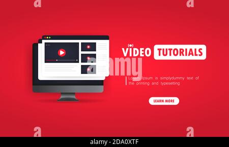 Watching video tutorials on computer illustration. Studying online at home. Online webinar, lectures, training. Vector on isolated background. EPS 10 Stock Vector