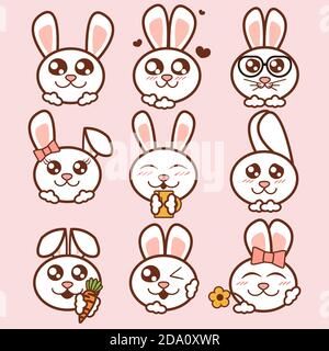 Vector illustration cute rabbits icons set. Sweet rabbits stickers in flat style. Stock Vector