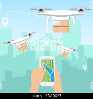 Vector illustration of hands launching few delivery drones with packages by smartphone in front of the skyline of a big modern city with skyscrapers Stock Vector