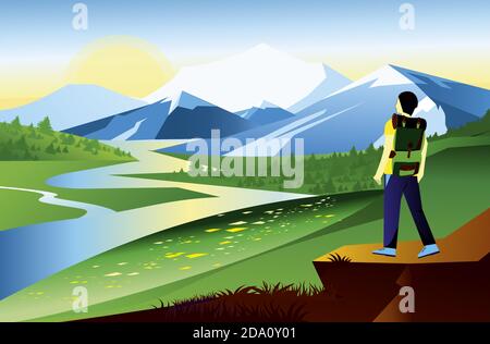 Vector landscape illustration with mountains. Traveler and river view. Stock Vector