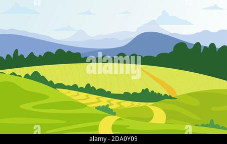 Vector illustration green landscape background with yellow fields and mountains. Stock Vector
