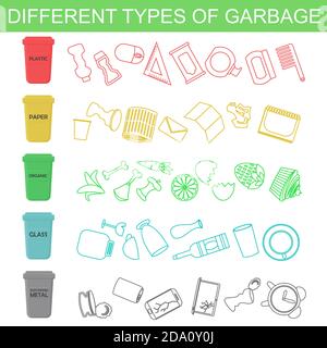 Vector illustration of sorting different types of garbage in line and flat style. Stock Vector